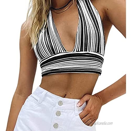 Women's Sexy Halter Camisole Lace Up Sling Sleeveless Deep V Neck Crop Top Bandage Wrap Y2k Tie Back Basic Streetwear