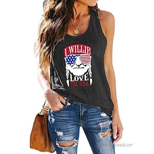 Womens Tank Tops I Willie Love The USA Vintage Graphic Shirt Vest 4th of July Patriotic Sleeveless T Shirts