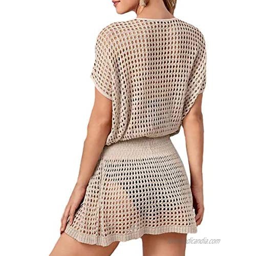 Bestyyou Women's Sexy Crochet Hollow Out Top Beach Tunic Mini Dress Smocked Blouse Swimsuit Cover Up Swimwear