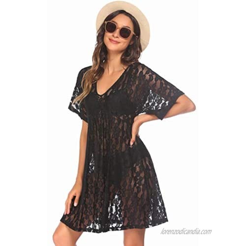 Ekouaer Women Swimsuit Cover Ups Batwing Sleeve Sheer Lace Cover Up Bathing Suit Beach Dress