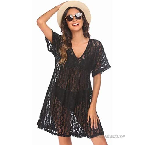 Ekouaer Women Swimsuit Cover Ups Batwing Sleeve Sheer Lace Cover Up Bathing Suit Beach Dress