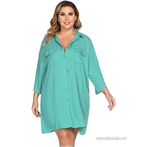 IN'VOLAND Women's Plus Size Cover Up Beachwear Button Up Loose Fit Shirt Swimsuit Bathing Suit Beach Dress