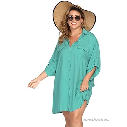 IN'VOLAND Women's Plus Size Cover Up Beachwear Button Up Loose Fit Shirt Swimsuit Bathing Suit Beach Dress