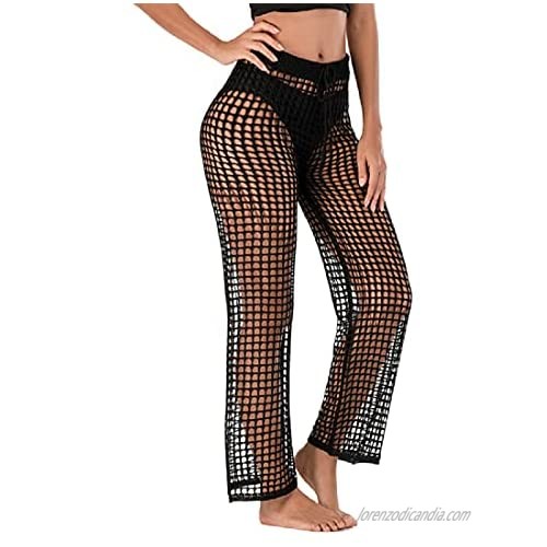 JOEEOS Women's Crochet Net Hollow Out Swimwear Pants High Waist Beach Wide Leg Pants Sexy Swimsuit Cover Up Pants