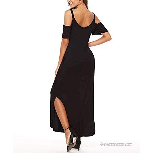 Sherosa Women's Summer Maxi Dresses Cold Shoulder Split Loose Short Sleeve Long Beach Dresses with Pocket