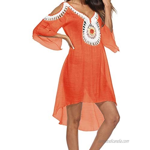 SIAEAMRG Swimsuit Cover Ups for Women  Crochet Chiffon Off Shoulder Summer Beach Cover Up Dress