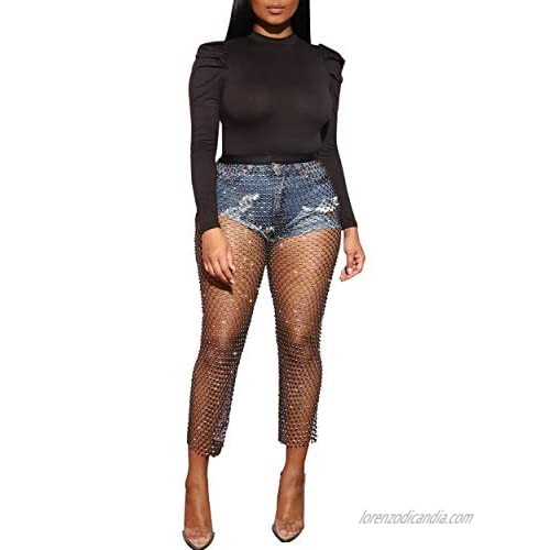 Women Crystal Rhinestone Mesh Ninth Pants Hollow Out Fishnet Leggings Rave Party Festival Club Trousers Beach Cover Up