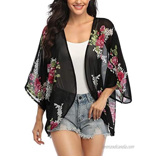 Women's 3/4 Sleeve Floral Kimono Cardigan  Sheer Loose Shawl Capes  Chiffon Beach Cover-Up  Casual Blouse Tops
