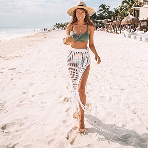 Women's Sexy Summer Crochet Cover Up Skirt Hollow Out Beach Maxi Knit Skirt Split Tassels Beachwear