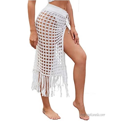 Women's Sexy Summer Crochet Cover Up Skirt Hollow Out Beach Maxi Knit Skirt Split Tassels Beachwear