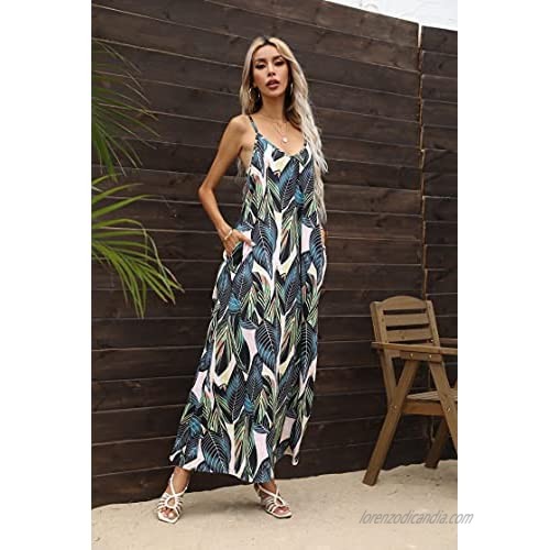 Women's Summer Casual V Neck Floral Printed Bohemian Spaghetti Strap Floral Long Maxi Dress with Pockets