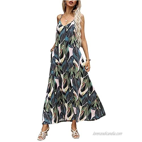 Women's Summer Casual V Neck Floral Printed Bohemian Spaghetti Strap Floral Long Maxi Dress with Pockets