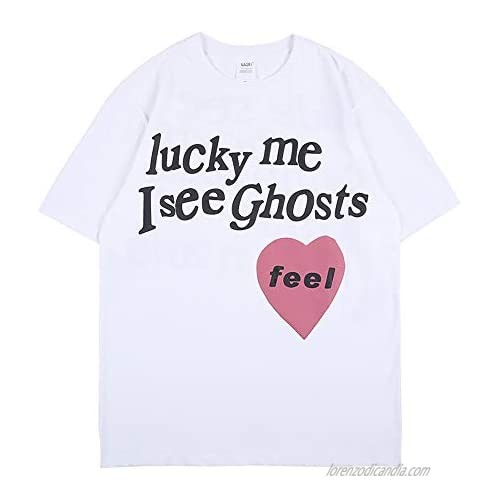 Freepie Kanye Lucky Me I See Ghosts T Shirts Graphic Letter Print Short Sleeve Crew Neck Loose Tees for Men