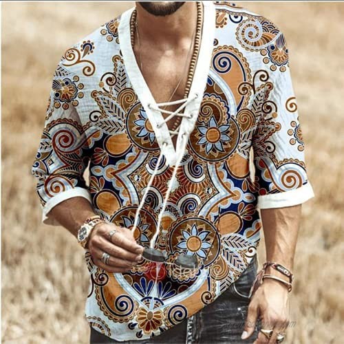 GUBIDIAO Men's V-Neck Drawstring Floral Print Boho Beach Top Short Sleeve African Summer Shirt