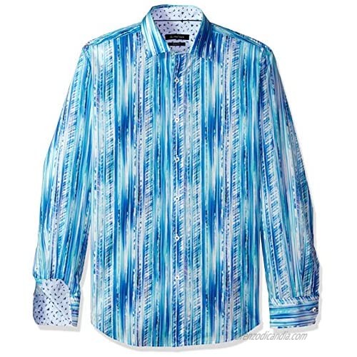 Bugatchi Men's Shaped Fit Turquoise Printed Point Collar Long Sleeve Shirt