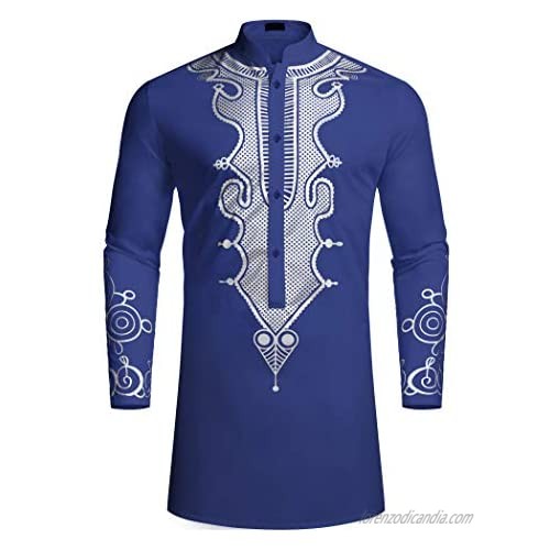 COOFANDY Men's African Dashiki Luxury Metallic Floral Mandarin Mid Long Shirt