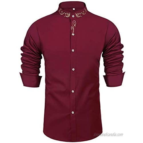 Daupanzees Mens Long Sleeve Embroidery Shirts Gold Mandarin Collar Slim Fit Dress Shirt Casual Button Down Shirt