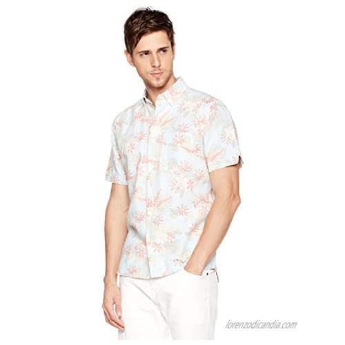 Isle Bay Linens Men's Slim Fit Short Sleeve Toile Vintage Printed Linen Cotton Lightweight Button-Down Hawaiian Casual Shirt