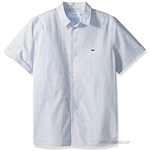 Lacoste Men's S/S Checks Casual Non Button Button Down Collar Slim FIT Shirt White/Phoenix Blue S