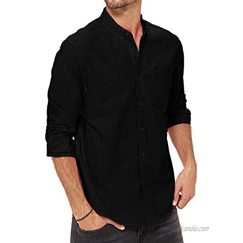 LecGee Men's Cotton Linen Shirt Casual Regular Fit Long Sleeve Button Down Beach Shirt Black