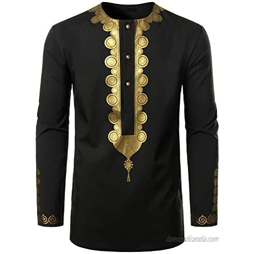 LucMatton Men's Traditional African Luxury Metallic Gold Printed Dashiki Shirt