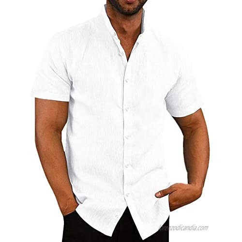 PASLTER Mens Casual Short Sleeve Shirts Linen Cotton Button Up Shirt Casual Beach Hawaiian Yoga Shirts