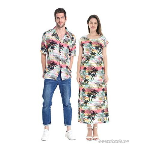 Couple Matching Hawaiian Luau Shirt and Maxi Simple Dress in Sunset Neon