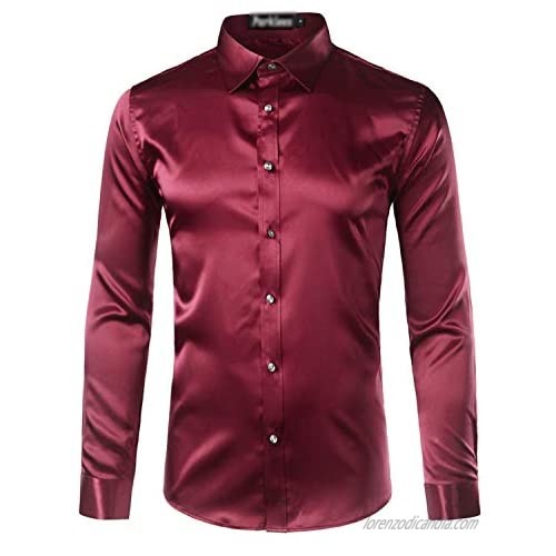 Silk Satin Shirt Men 2019 Casual Long Sleeve Slim Fit Mens Dress Shirts Business Wedding Male Shirt