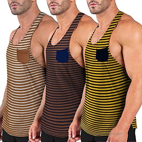 COOFANDY Mens 3 Pack Workout Tank Tops Stringer Bodybuilding Gym Sleeveless Muscle Stripe T Shirts with Pocket
