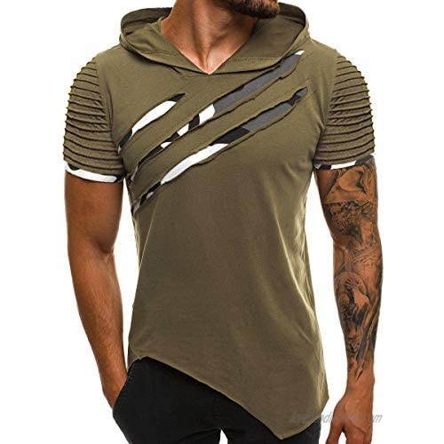 Ekaliy Mens Fashion Short Sleeve Shirts Casual Solid Color Slim Fit Pullover Ripped Athletic Hoodies