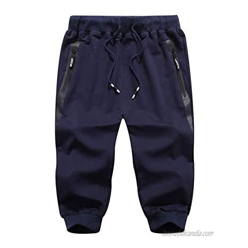 Flygo Men's Cotton Casual Shorts 3/4 Jogger Capri Pants Below Knee Cropped Pants Zipper Pockets