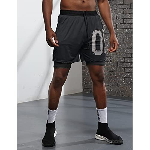 iWoo Mens Running Shorts Workout Training Short 2 in 1 Compression Shorts with Phone Pocket