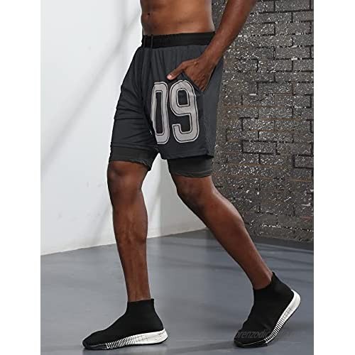 iWoo Mens Running Shorts Workout Training Short 2 in 1 Compression Shorts with Phone Pocket