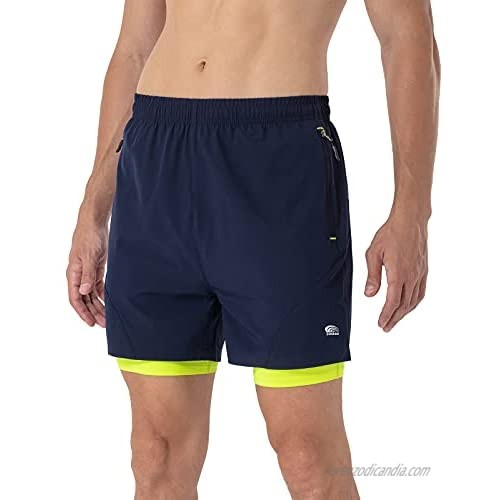 Men's 2 in 1 Running Shorts 5 inch Quick Dry Workout Athletic Shorts with Zipper Pockets