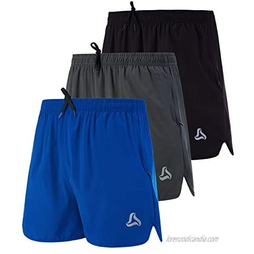 SILKWORLD Men's Running Stretch Quick Dry Shorts with Zipper Pockets  Black Dark Grey Blue(Pack of 3)  XX-Large