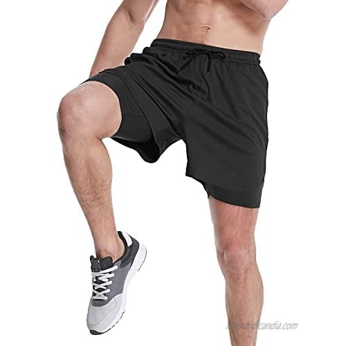 UPSOWER Men's 2 in 1 Athletic 5 Inch Running Shorts - Quick Drying Gym Workout Mesh Lining Shorts with Pockets