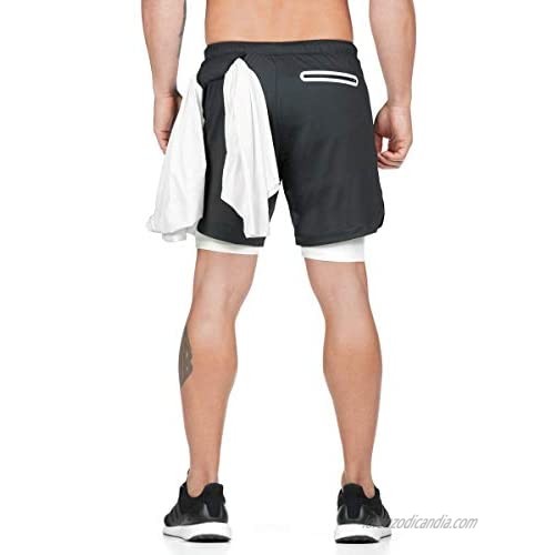 WZIKAI Men's Gym Workout Shorts Athletic 2 in 1 Running Shorts with Towel Loop Training Sport Short for Jogging Hiking Black