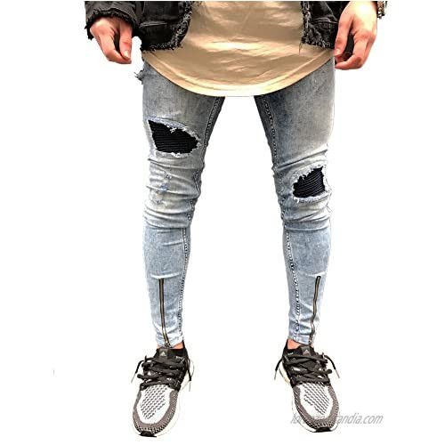 Believe Simple Blue Skinny Fashion Men's Ripped Slim Straight Biker Jeans with Zipper Deco