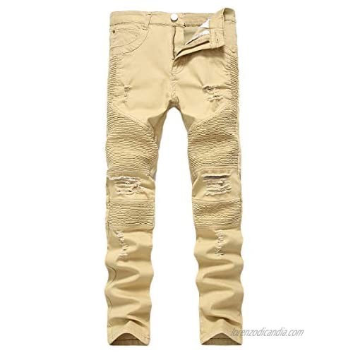 Cloudstyle Mens Stretch Pleated Cotton Jeans Zip Straight Fit Ripped Pocket Denim Pants