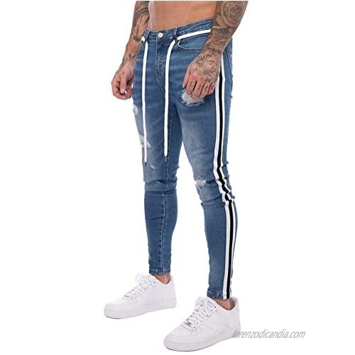IDEALSANXUN Mens Skinny Ripped Jeans Tapered-Leg Stretch Slim Jeans with Striped