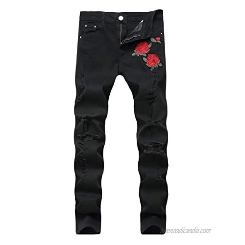 Iynnijoy Mens Ripped Biker Embroidered Jeans Distressed Destroyed Straight Fit Washed Moto Denim Jeans