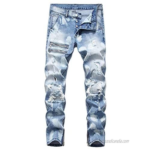 LONGBIDA Men's Ripped Skinny Jeans Stretch Distressed Destroyed Zipper Denim Pants