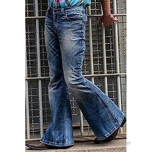 Men's Retro Stretch Bell Bottom Jeans Classic Disco Fever Flared Leg Jeans