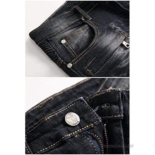 Men's Stylish Camo Printed Straight Fit Stitching Moto Biker Blue Jeans