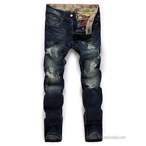 utcoco Men's Casual Mid Waist Pant Destroyed Ripped Straight Leg Distressed Blue Denim Jeans
