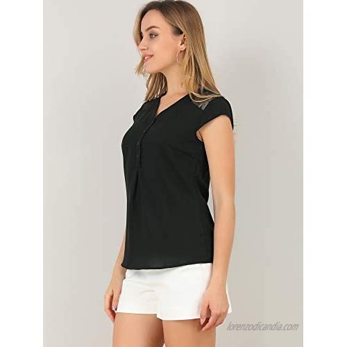 Allegra K Women's Mesh Cap Sleeve Top Blouse V Neck Button Summer Shirt
