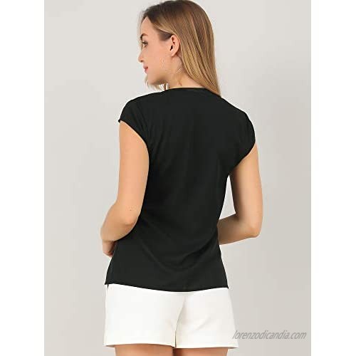 Allegra K Women's Mesh Cap Sleeve Top Blouse V Neck Button Summer Shirt