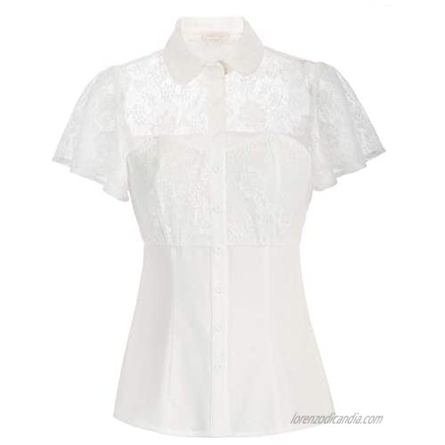Belle Poque Women's Elegant Sheer Lace Tops 1950s Vintage Ruffle Sleeve Collared Shirts Tops