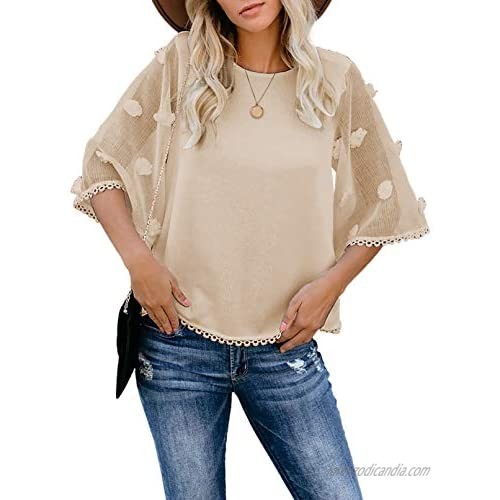 Dokotoo Women's Crewneck Lace Crochet Flowy Bell Sleeve Casual Shirts Blouses Tops