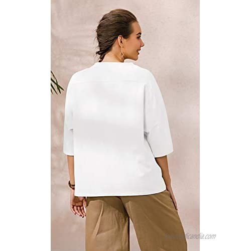 Ecupper Womens Oversized Linen Rayon Blouse Plus Size Button Down Drop 3/4 Sleeve Shirt Tops